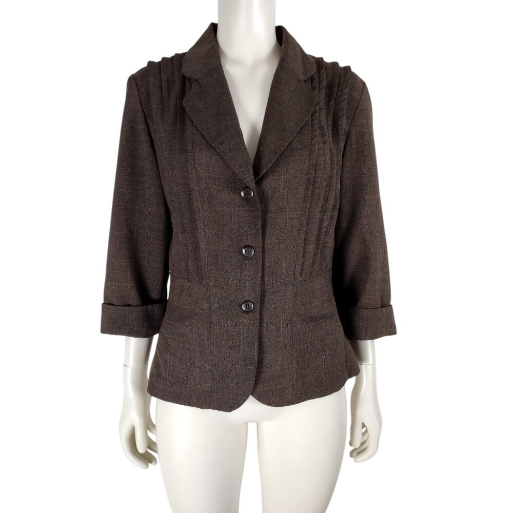 Vintage Y2K Brown Pleated Button Down 3/4 Sleeve Lightweight Jacket Size 10